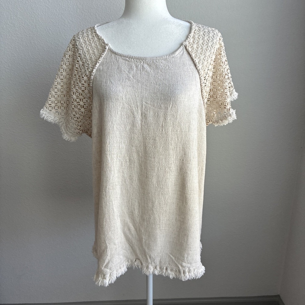 Umgee Linen Blend Tunic Top 1XL Frayed Hem Crochet Sleeve Boho Coastal Resort
